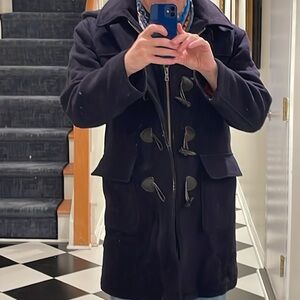 Brooks Brothers Hooded Long Duffel Coat Navy Blue Plaid Lining Wool Men's Small